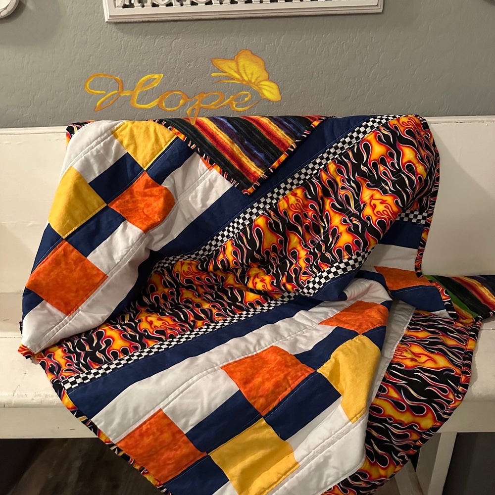 Homemade quilt 52 x 39, boys, hot wheel, flame quilt, design